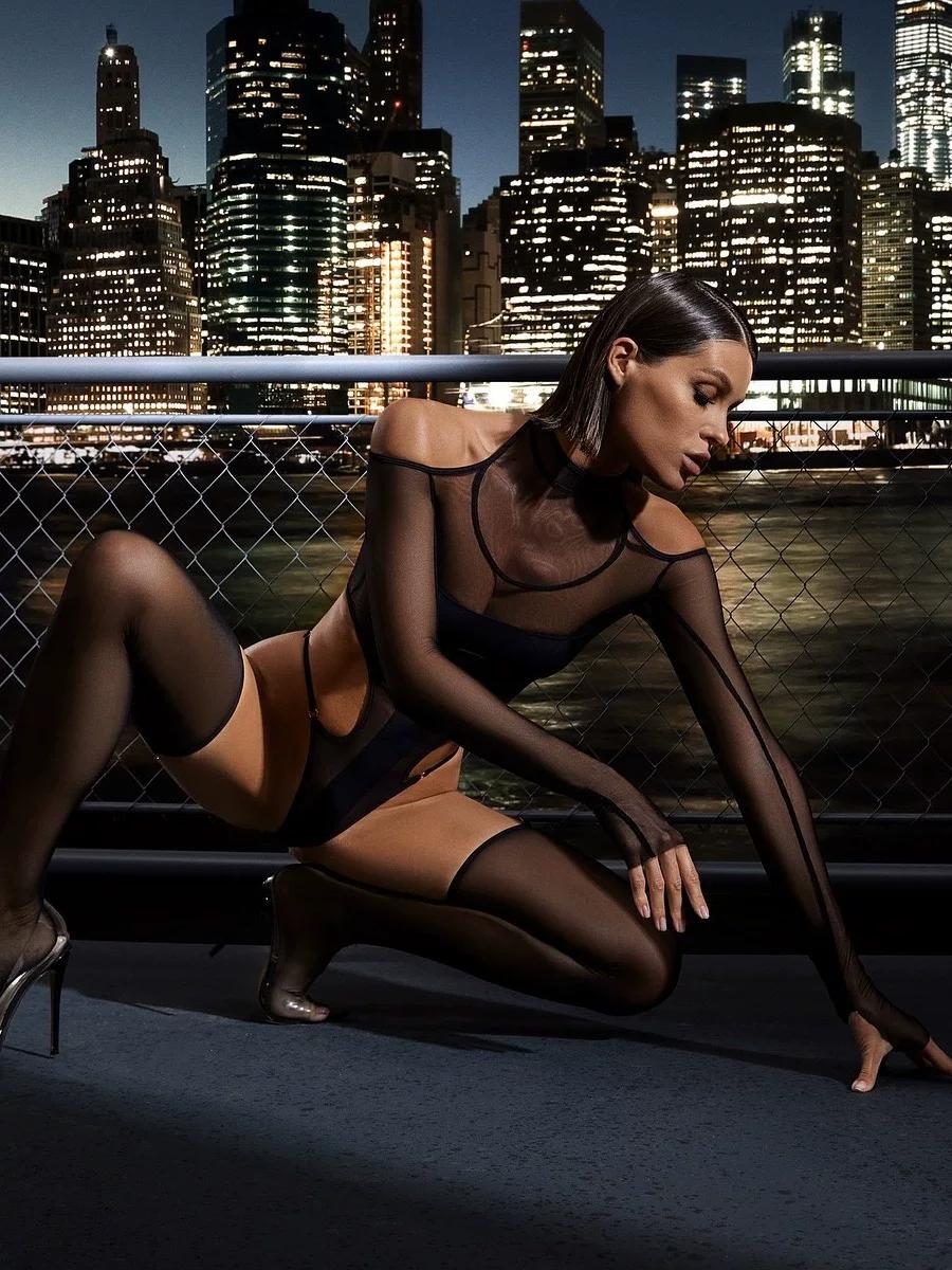 Sheer Fishnet Bodystocking - Black Cutout Halter, Long Sleeve