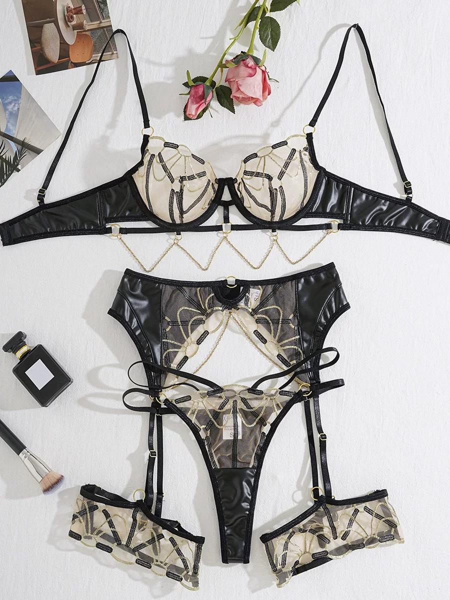 Sheer Lace 4-Piece Lingerie Set - Black PU Patchwork, European Style