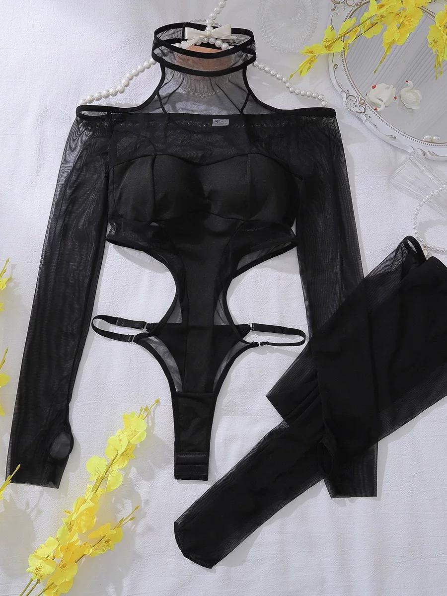 Sheer Fishnet Bodystocking - Black Cutout Halter, Long Sleeve