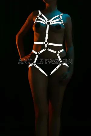 Reflective full body harness with white straps and star pattern on legs