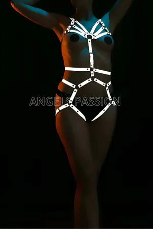 Reflective full body harness with white straps and star pattern on legs