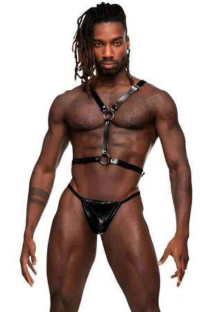 Black Faux Leather Chest Harness Men Adjustable Straps O-Ring Front View