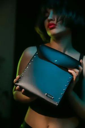 Studded Faux Leather Shoulder Bag Black Flap Closure Detail