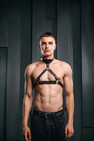 Black faux leather choker chest harness with O-ring detail