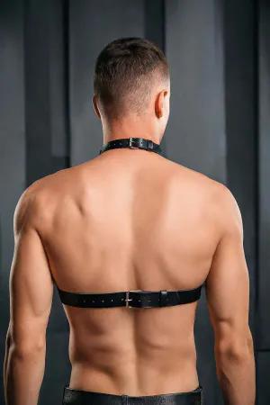 Black faux leather choker chest harness with O-ring detail