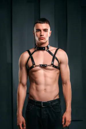 Black faux leather adjustable body harness with collar and silver O-rings