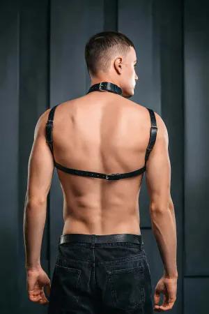 Black faux leather adjustable body harness with collar and silver O-rings