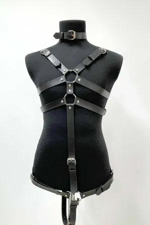 Black faux leather web pattern body harness on model