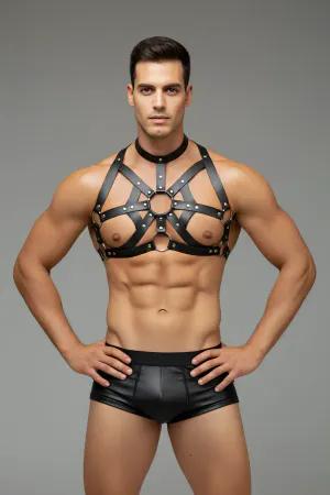 Black geometric faux leather body harness with O-ring and studs