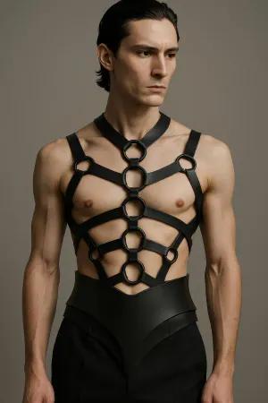 Black faux leather strappy O-ring cage body harness