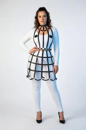 Black lattice grid full body harness with integrated choker worn by a model