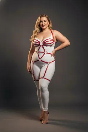 Red Full Body Caged Harness Plus Size with Silver O-Rings and Thigh Straps