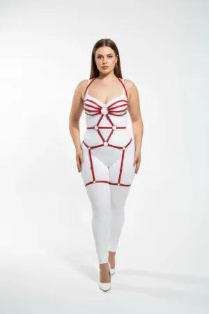 Red Full Body Caged Harness Plus Size with Silver O-Rings and Thigh Straps