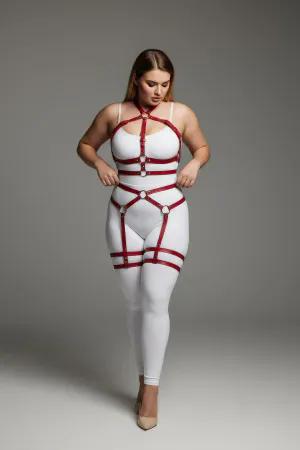 Red Faux Leather Full Body Harness with O-Ring Details on Plus Size Woman