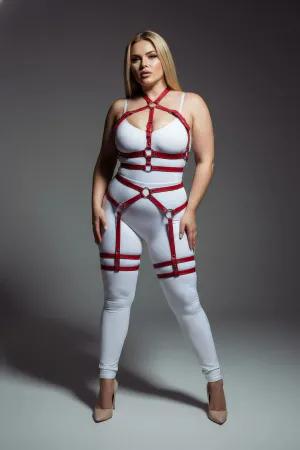 Red Faux Leather Full Body Harness with O-Ring Details on Plus Size Woman