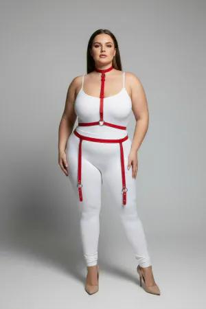 T-Shape Red Faux Leather Body Harness Women Adjustable Straps O-Ring Hardware