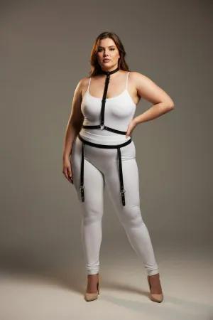 Black Faux Leather Full Body Harness with Choker and Detachable Leg Garter Straps, Plus Size Model