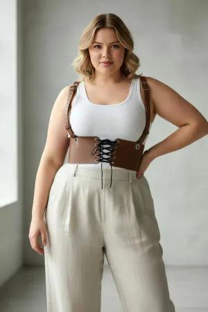 Brown Faux Leather Underbust Corset Style Harness Belt with Front Lacing