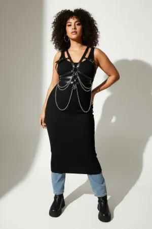 Black Faux Leather Full Body Harness with Draping Silver Chains worn by plus size model over white tank top