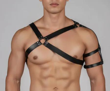 Black Vegan Leather Asymmetric Chest and Arm Harness Front View