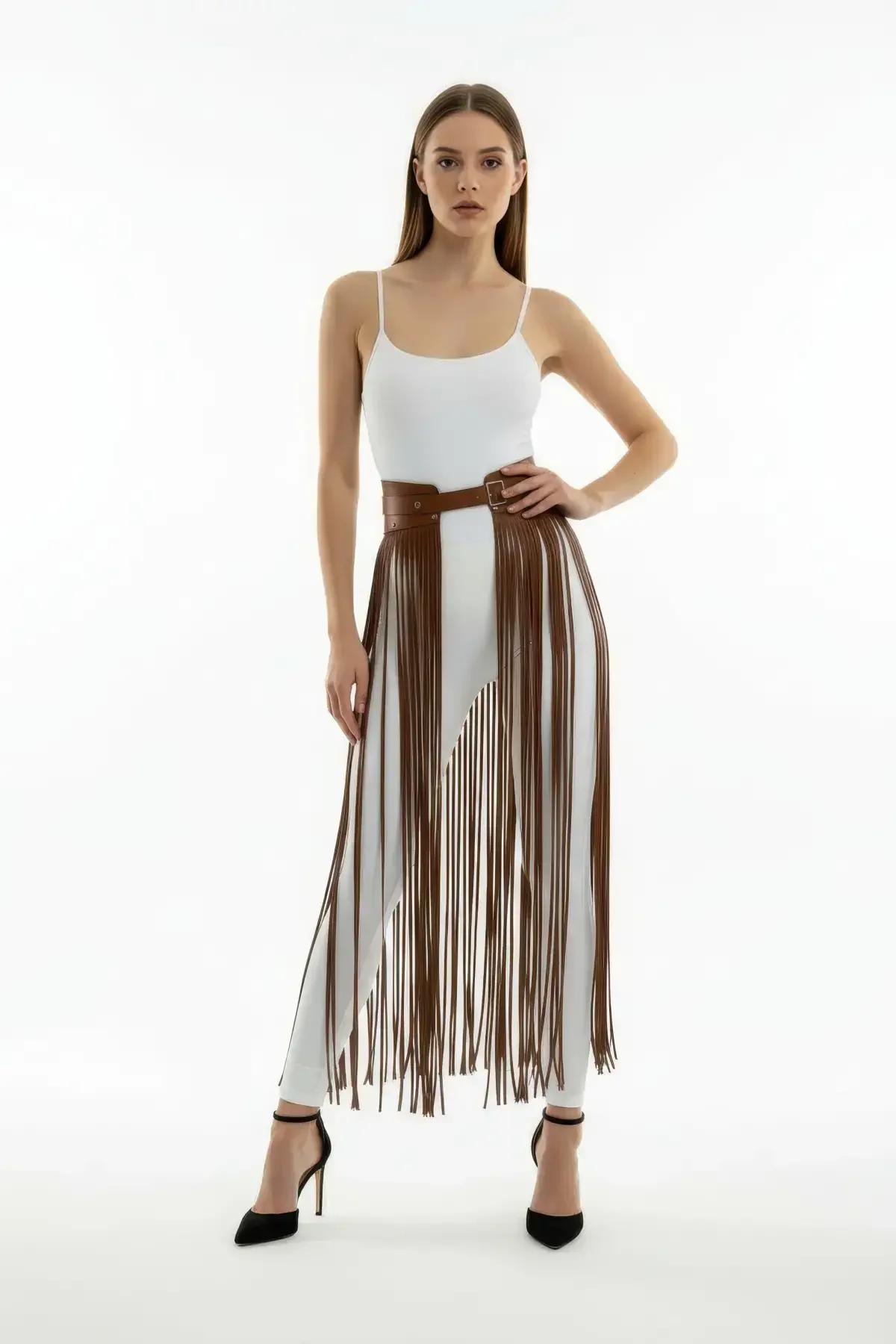 Faux Leather Waist Belt with Long Fringe Overlay