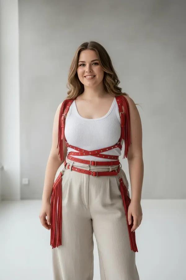 red faux leather body harness with long fringe shoulders and four-strap caged waist silver buckles plus-size model street