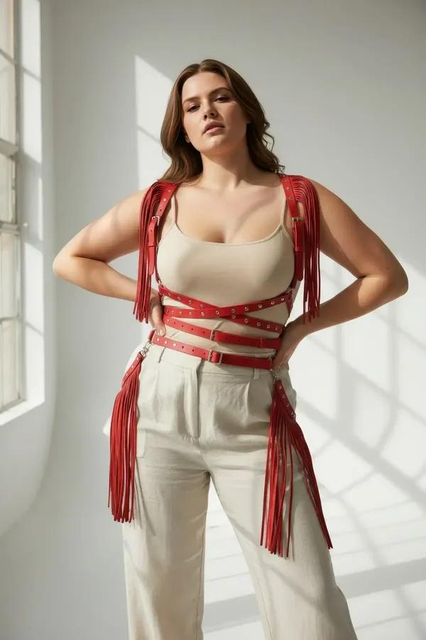 red faux leather body harness with long fringe shoulders and four-strap caged waist silver buckles plus-size model street