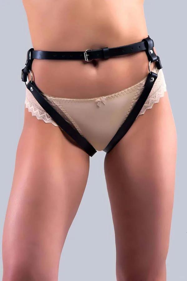 Black Faux Leather Dual Thigh Strap Garter Belt Women Silver O-Ring Hardware