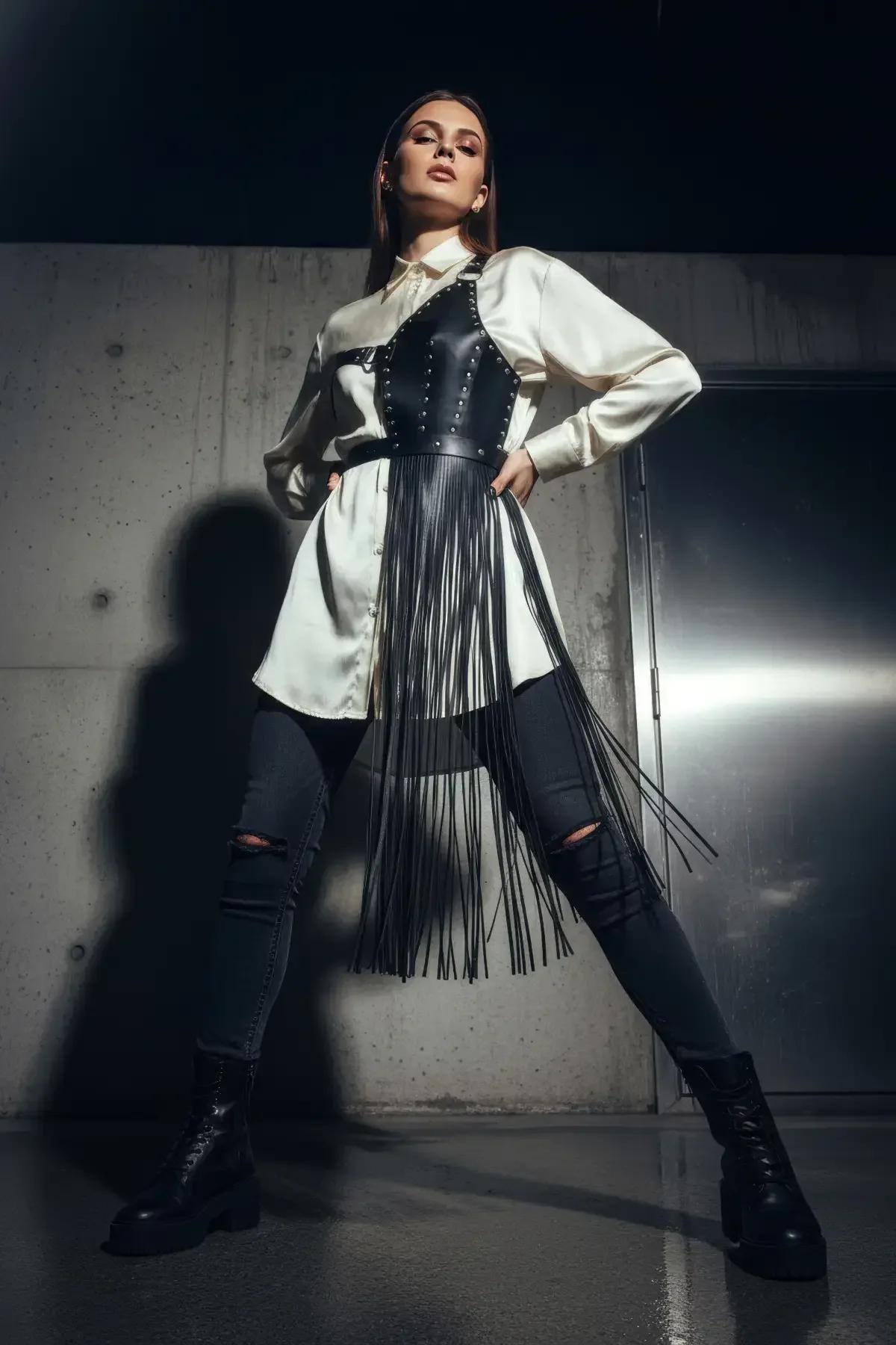 Asymmetrical Studded Fringe Harness Waist Belt
