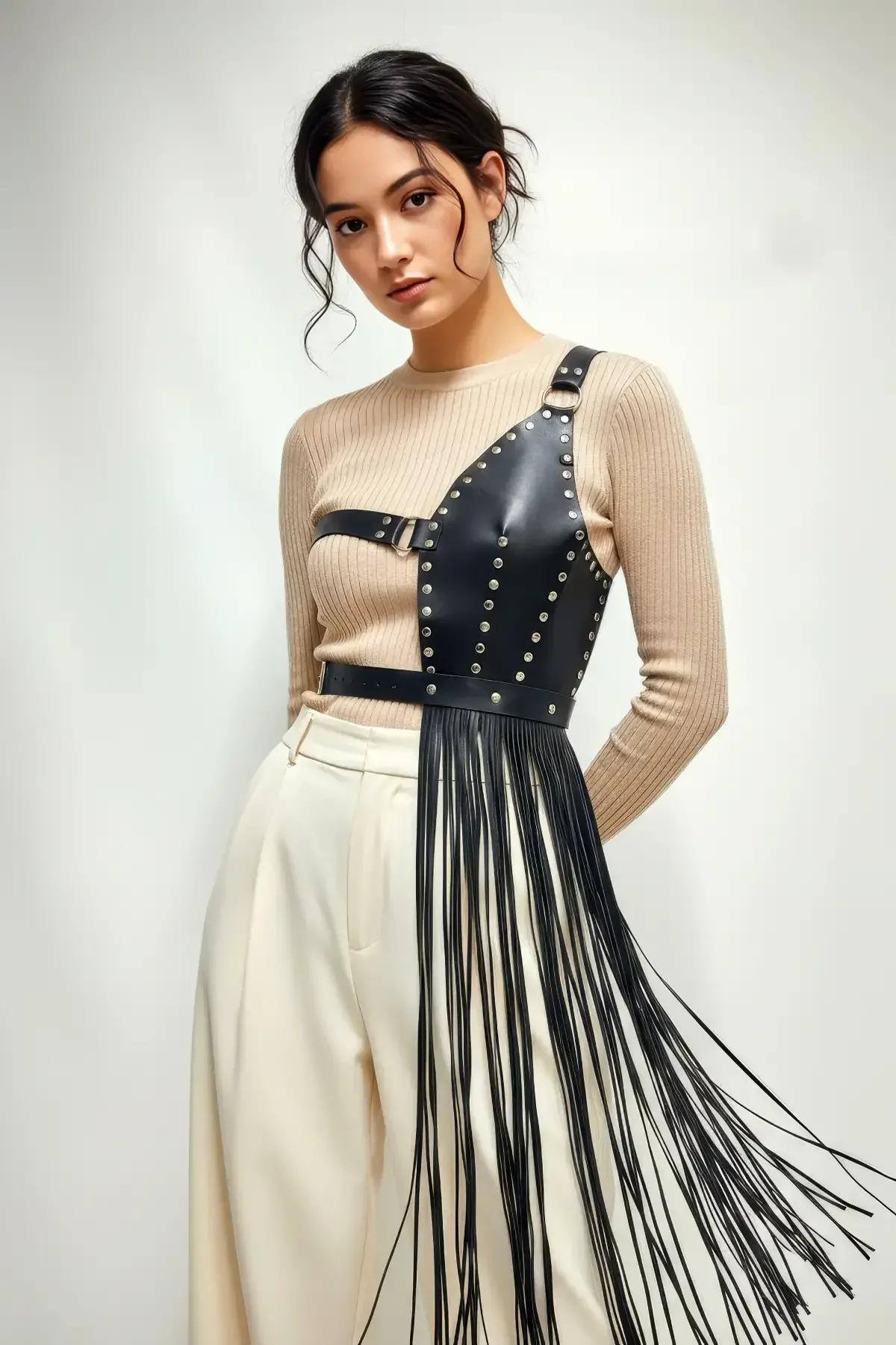 Asymmetrical Studded Fringe Harness Waist Belt