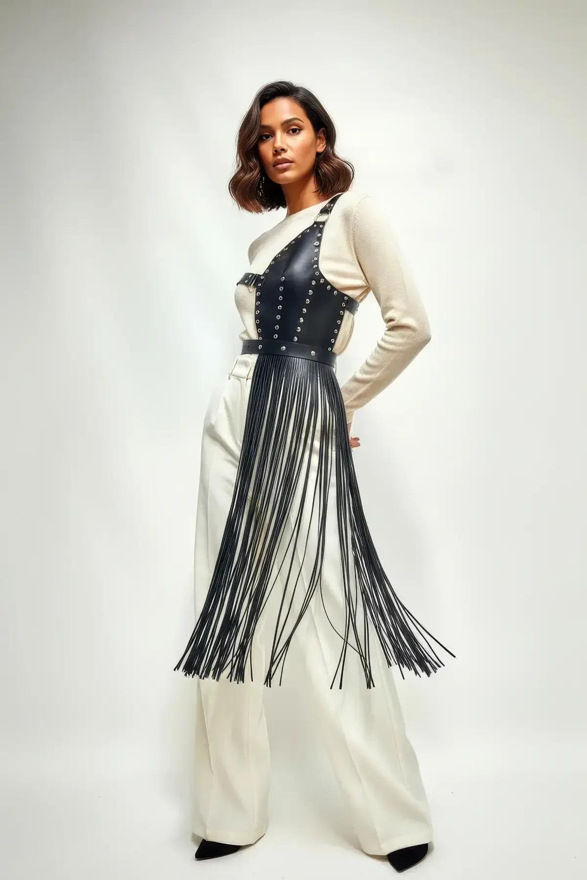 Asymmetrical Studded Fringe Harness Waist Belt