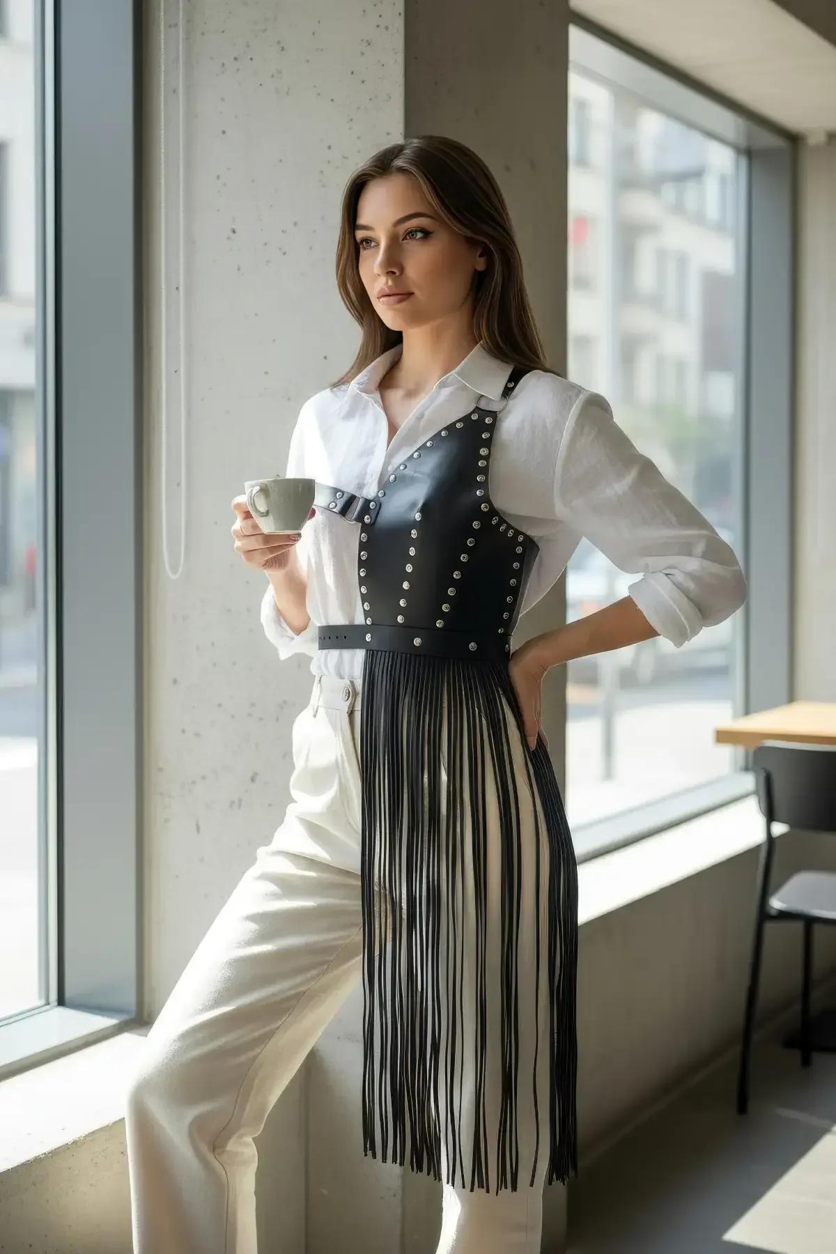 Asymmetrical Studded Fringe Harness Waist Belt