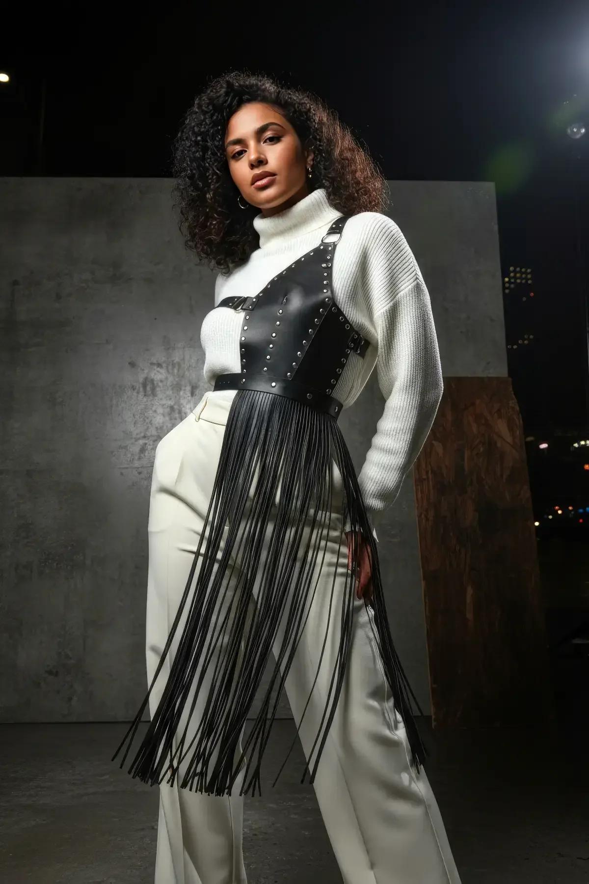 Asymmetrical Studded Fringe Harness Waist Belt