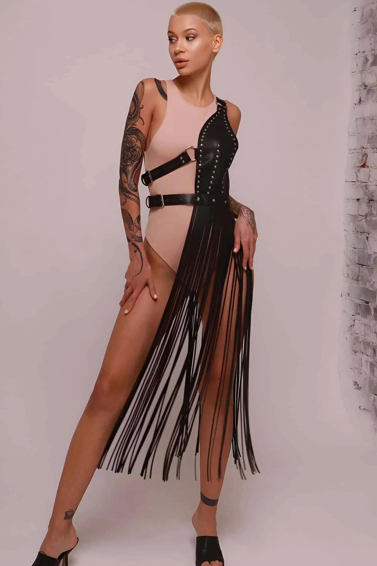 Asymmetrical Fringe Faux Leather Harness Skirt