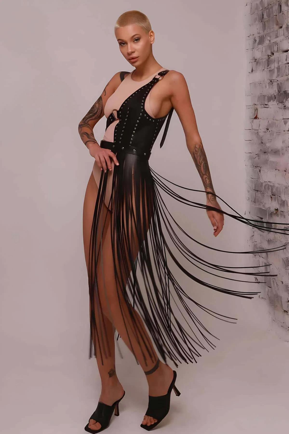 Asymmetrical Fringe Faux Leather Harness Skirt
