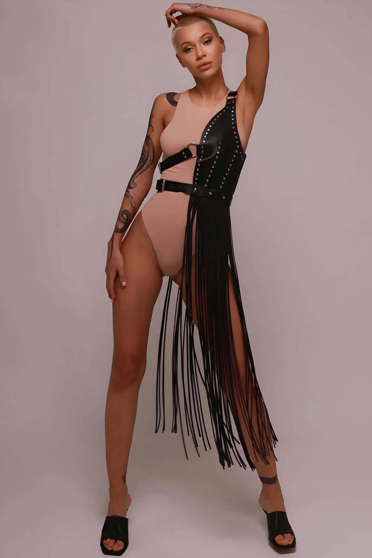 Asymmetrical Fringe Faux Leather Harness Skirt