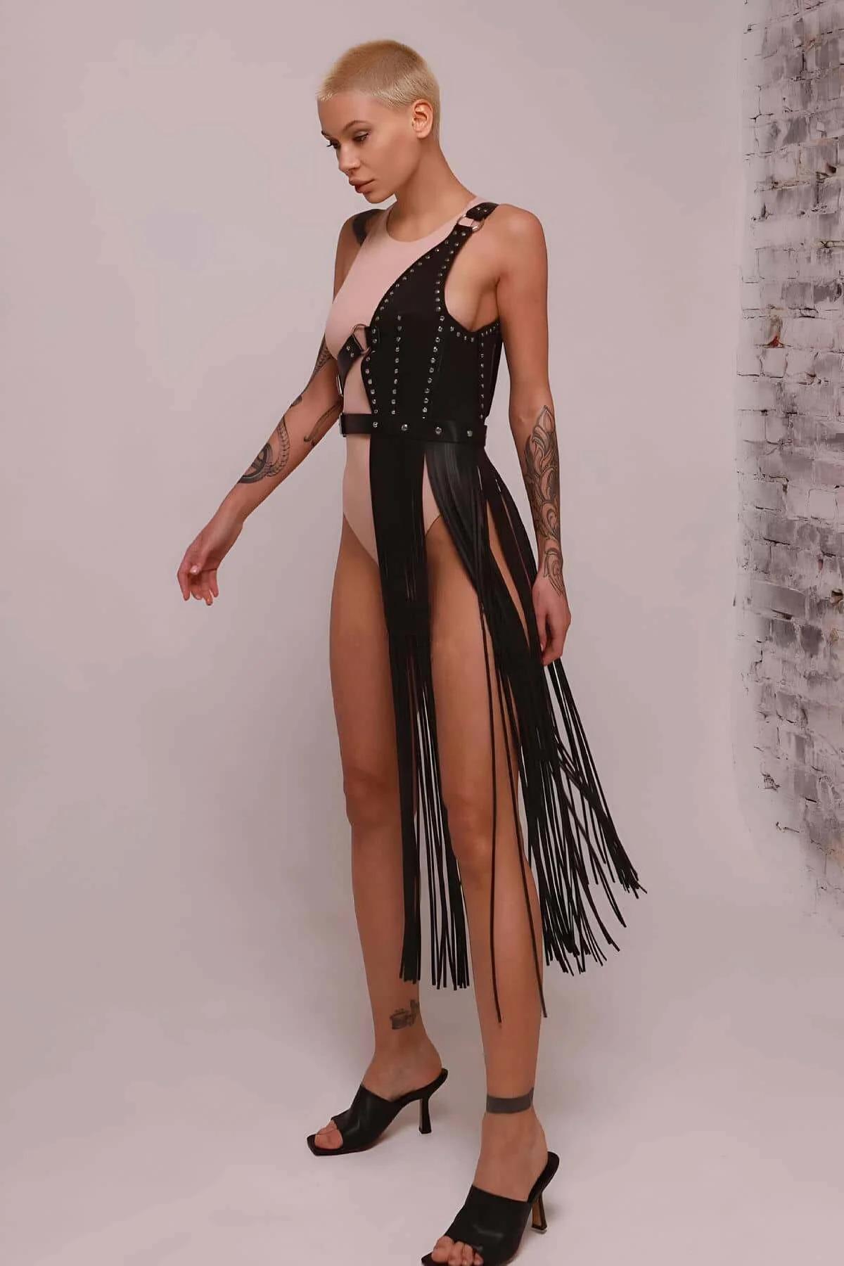 Asymmetrical Fringe Faux Leather Harness Skirt