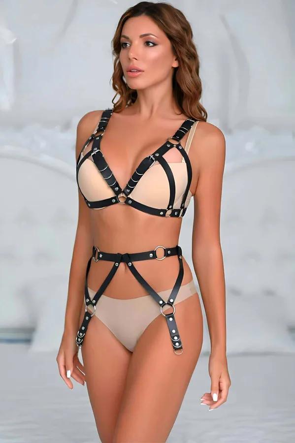 Faux Leather Harness Bra & Garter Belt Set