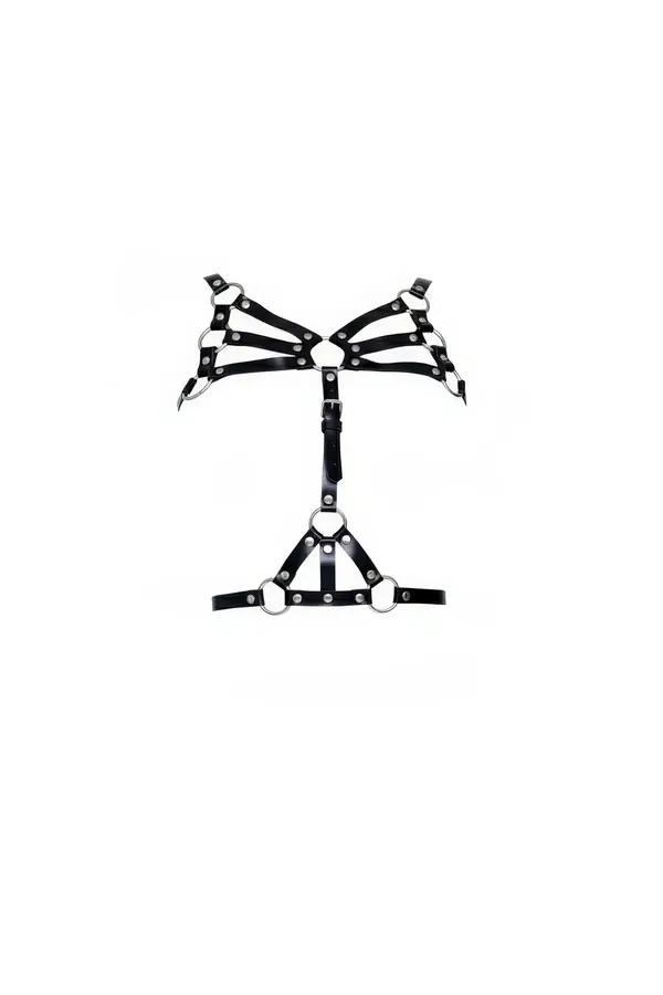 Adjustable Faux Leather Cage Harness Bra with Studded O-Rings