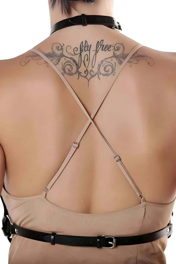 Lace-Up Faux Leather Chest Harness Bra