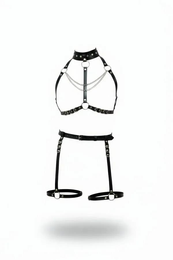 Faux Leather Body Harness with O-Rings and Chains