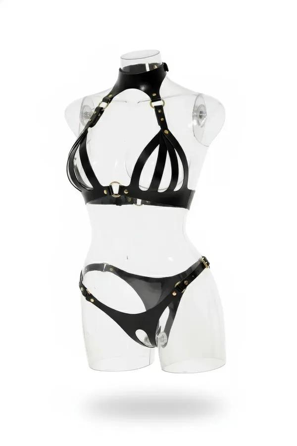 Black Faux Leather Caged Bra & Panty Harness Set
