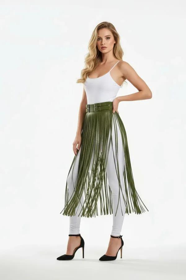 Fringe Tassel Waist Belt Harness in Khaki Faux Leather