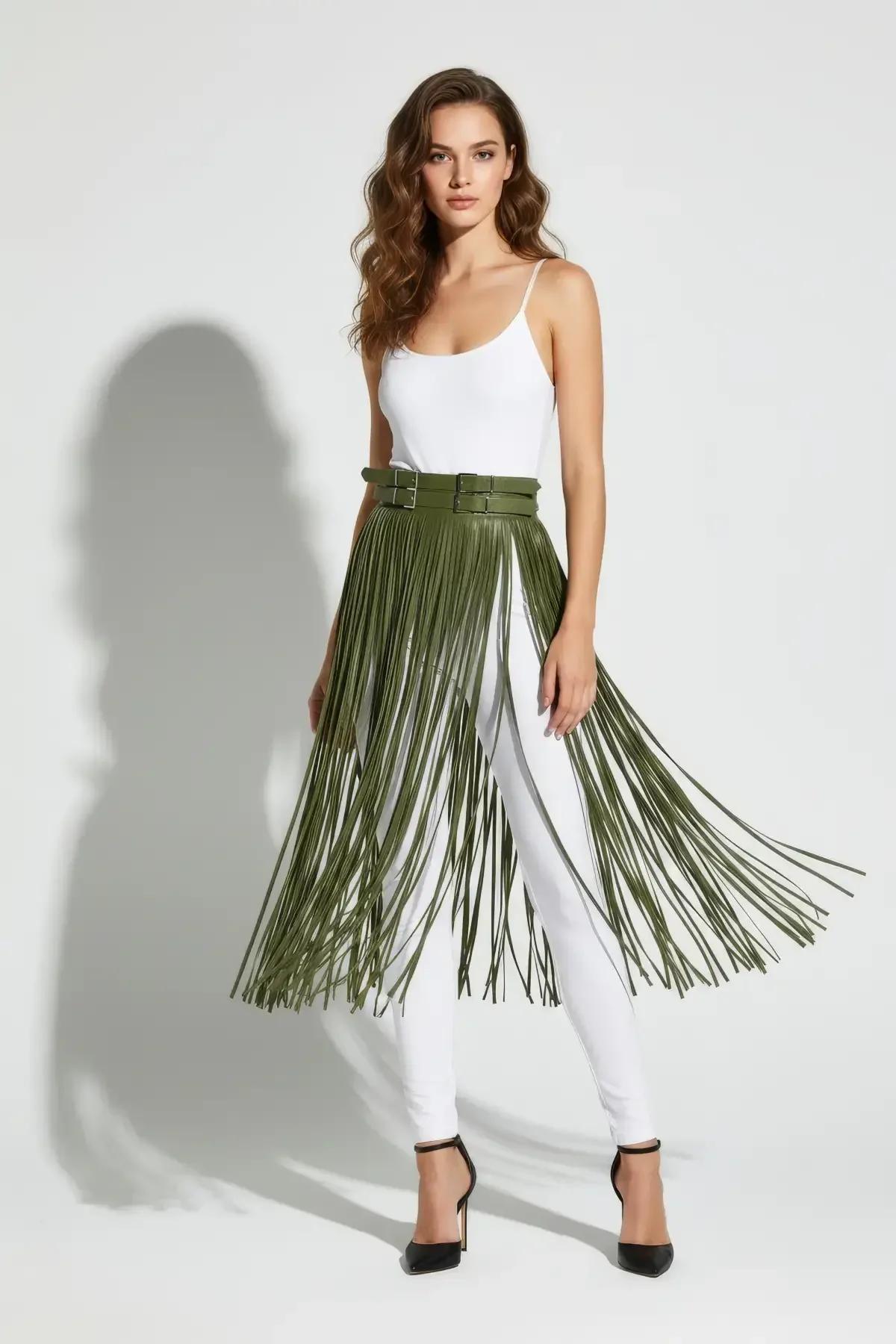 Fringe Tassel Waist Belt Harness in Khaki Faux Leather