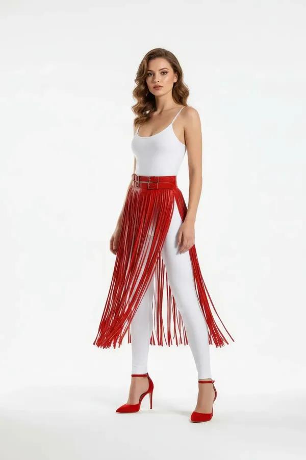 Red Faux Leather Fringe Waist Harness Skirt