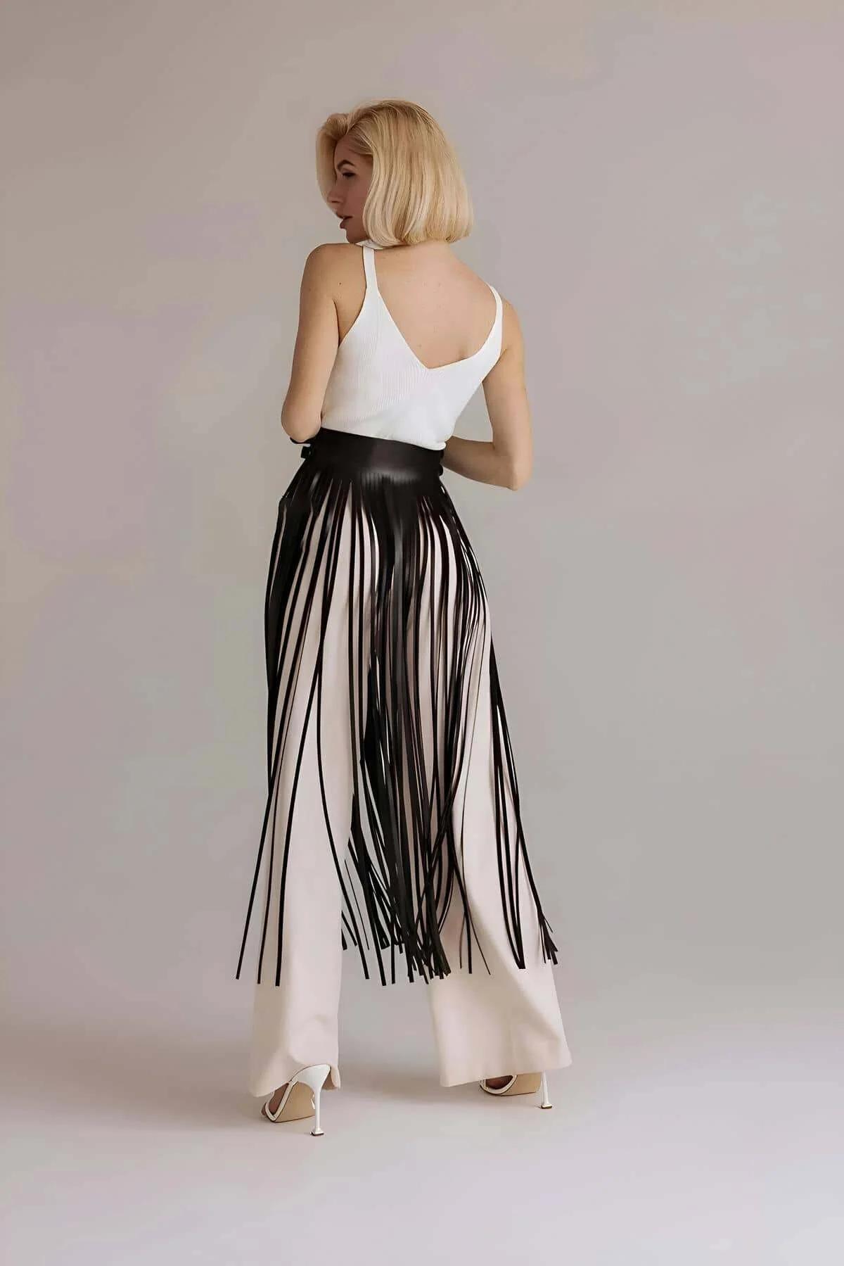 Faux Leather Fringe Belt Skirt Overlay