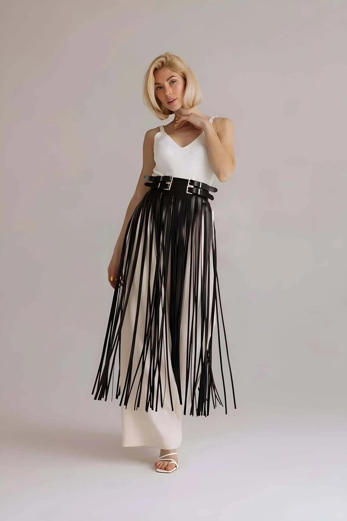 Faux Leather Fringe Belt Skirt Overlay
