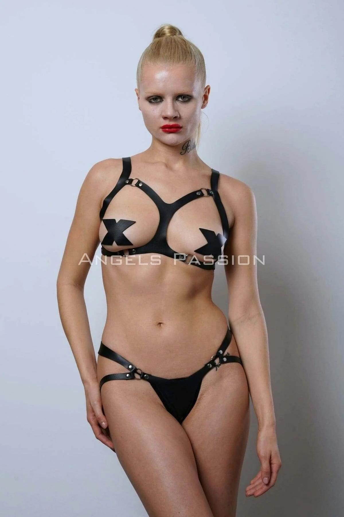 Open Bust Faux Leather Harness Bra & Strappy Thong Set