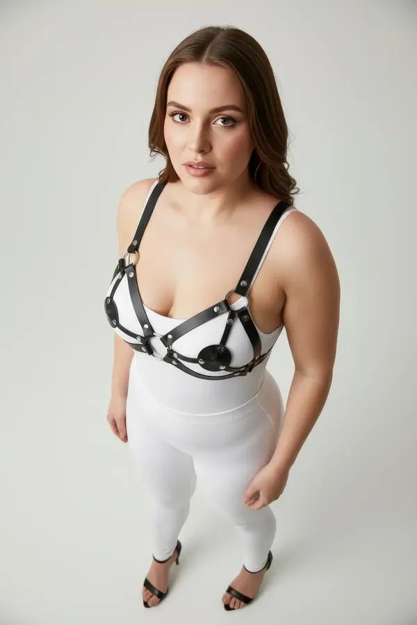 Strappy Faux Leather Bra Harness with Ring Detail