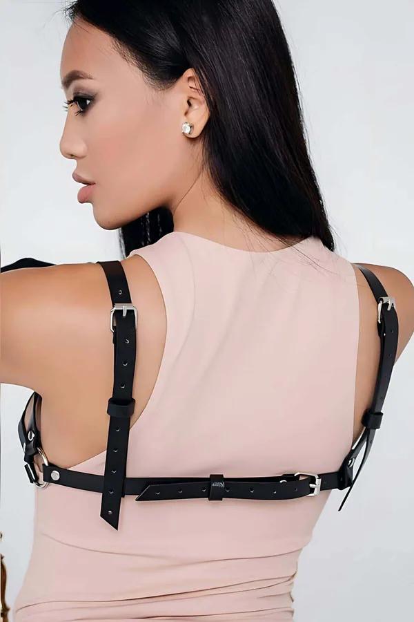 Black Faux Leather Harness Bra with Rhinestone Detail